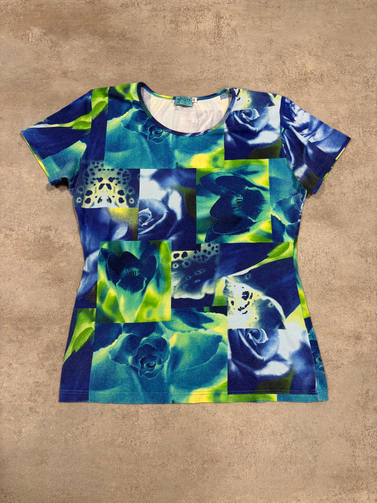 Camiseta Rosas Azules Elástica Manga Corta Kenzo 00s Vintage - M