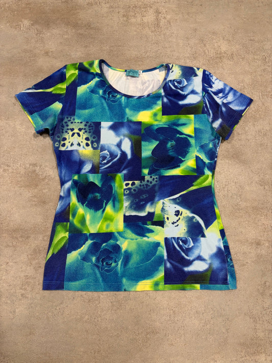 Camiseta Rosas Azules Elástica Manga Corta Kenzo 00s Vintage - M