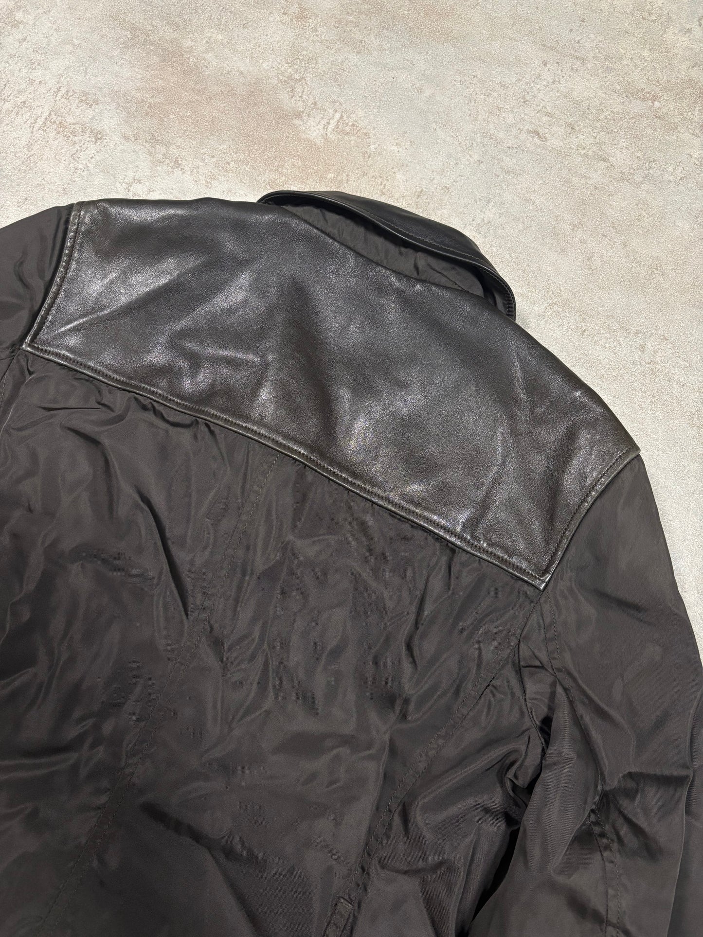 Chaqueta Larga Nylon Cuero Doble Forro Prada Late 90s Vintage - XL