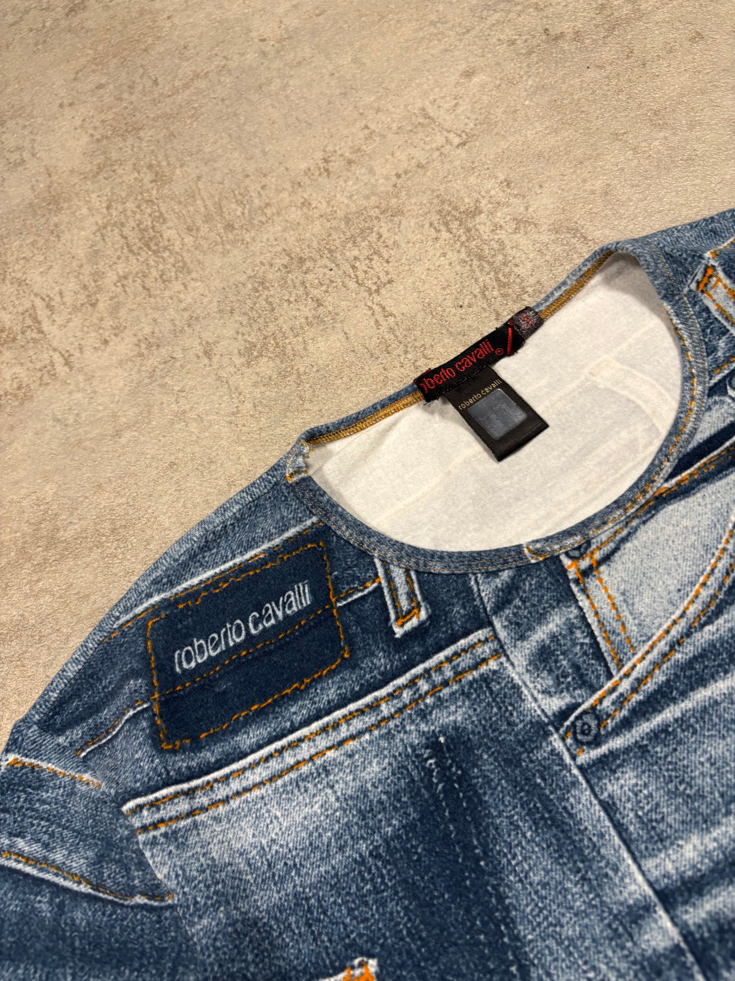 Camiseta Top Elástico Manga Larga Denim Print Roberto Cavalli 00s Vintage - M