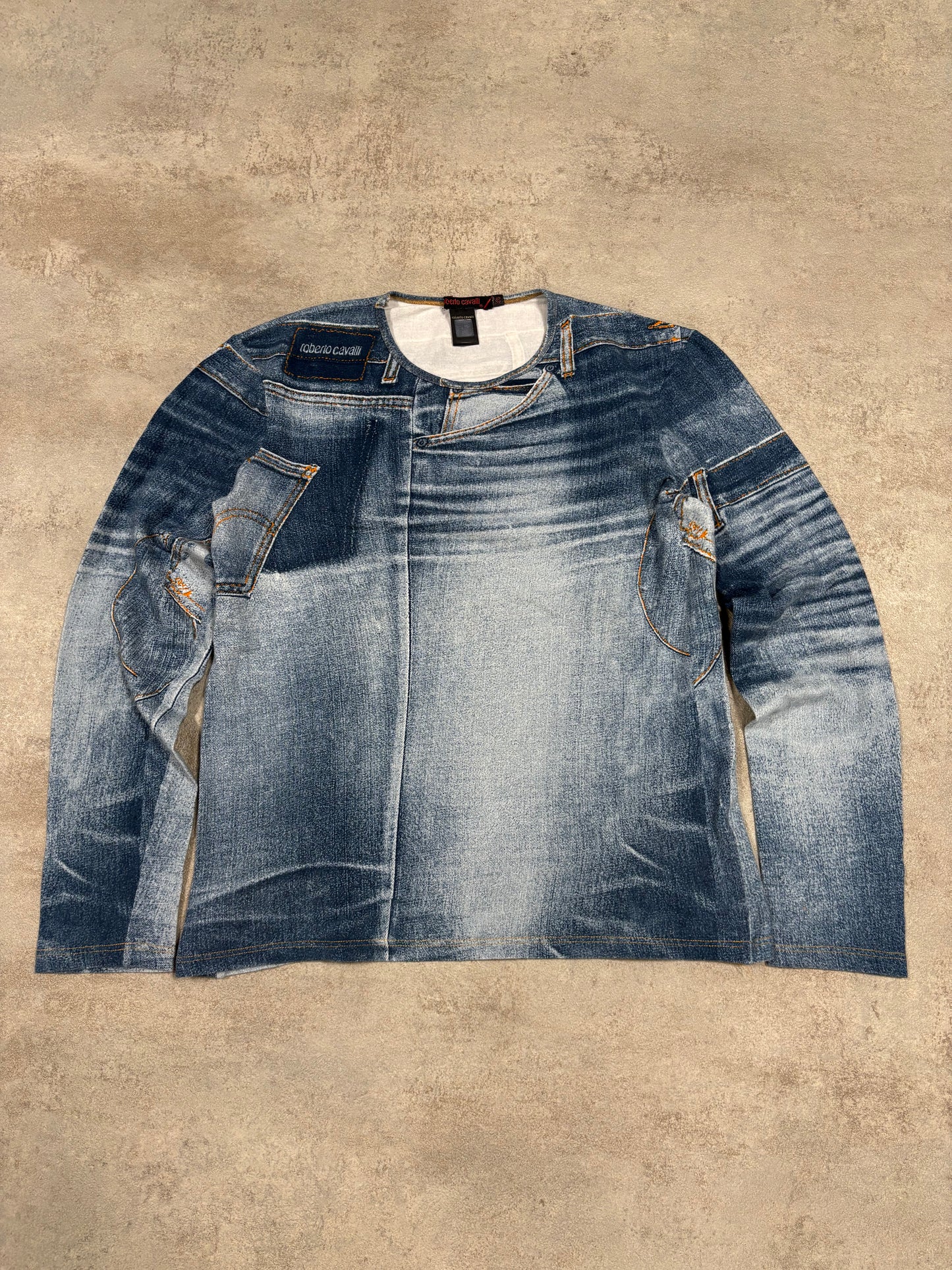 Camiseta Top Elástico Manga Larga Denim Print Roberto Cavalli 00s Vintage - M