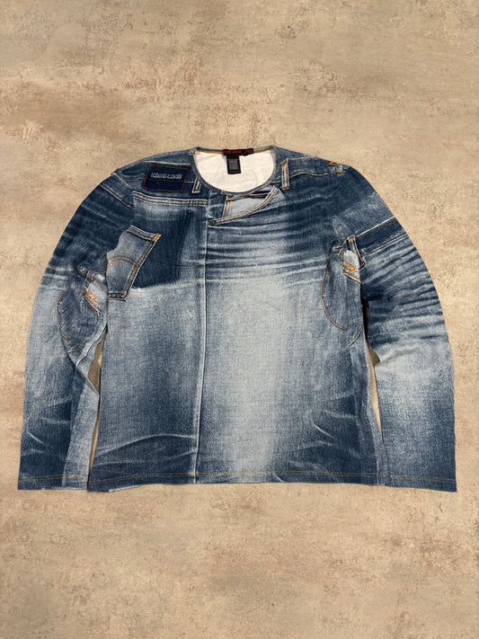 Camiseta Top Elástico Manga Larga Denim Print Roberto Cavalli 00s Vintage - M