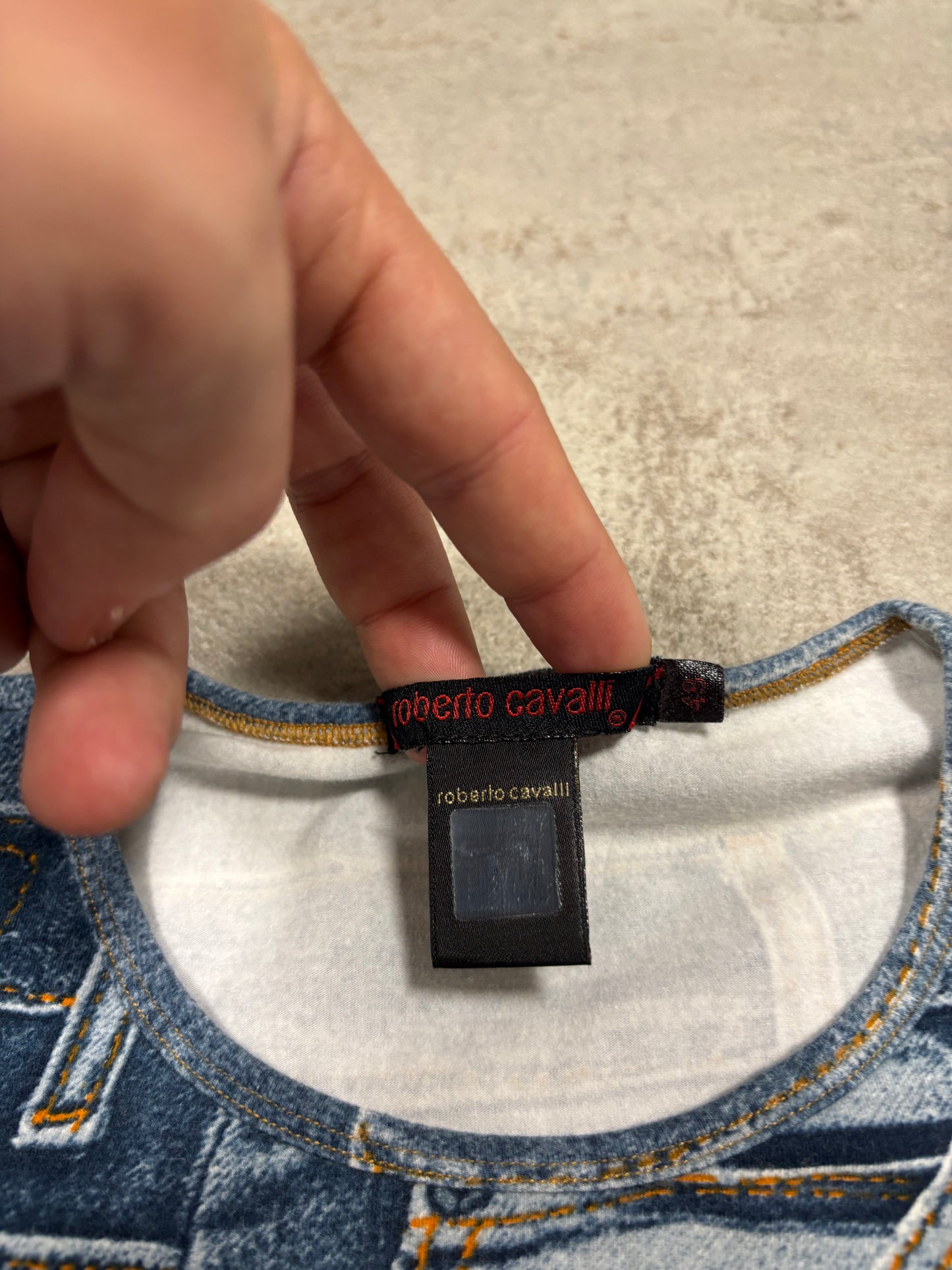Camiseta Top Elástico Manga Larga Denim Print Roberto Cavalli 00s Vintage - M